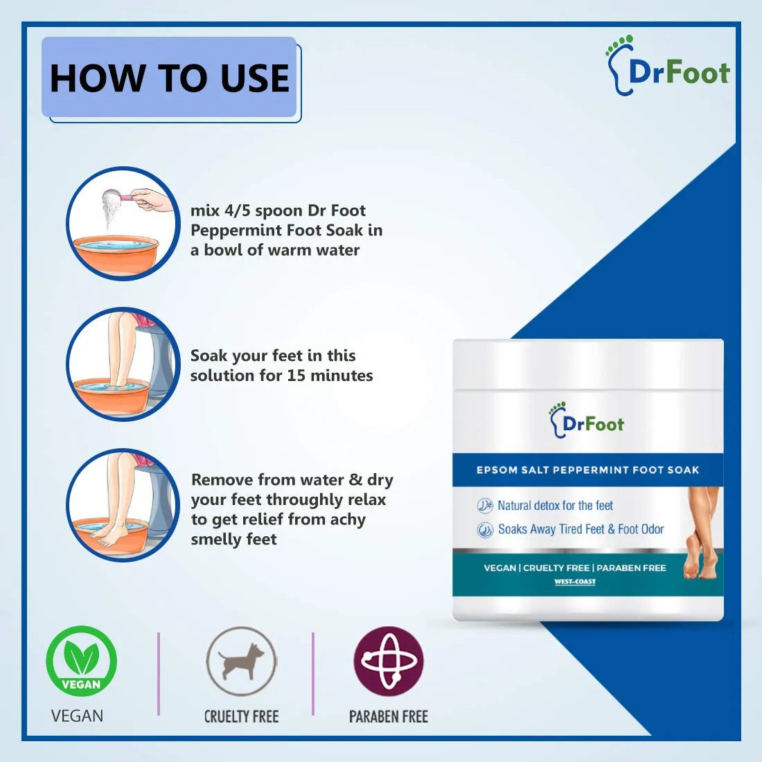 Dr Foot Epsom Salt Peppermint Crystals Foot Soak (Magnesium Sulphate) For Muscle Aches, Pain Relief, Relaxation, Spa Treatment for Bathing and Foot – 200gm (Pack of 5)