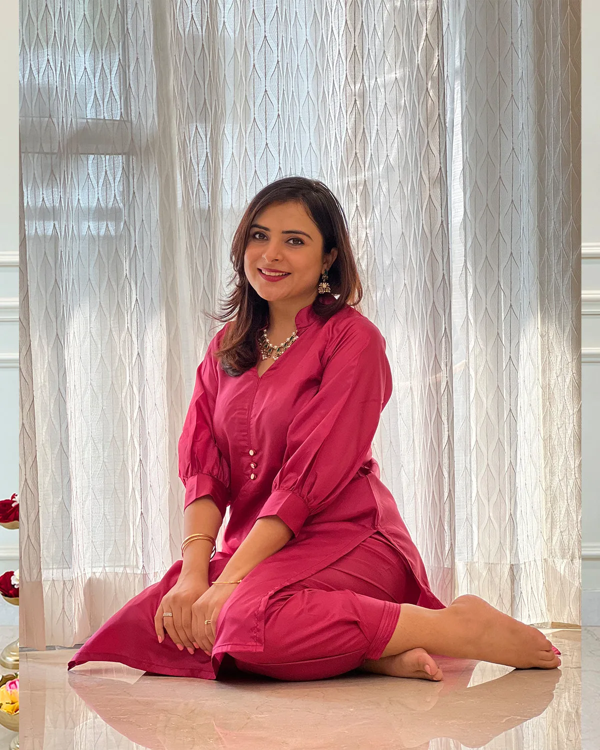Fuchsia Silk Short Kurta & Fusion Salwar - Set of 2