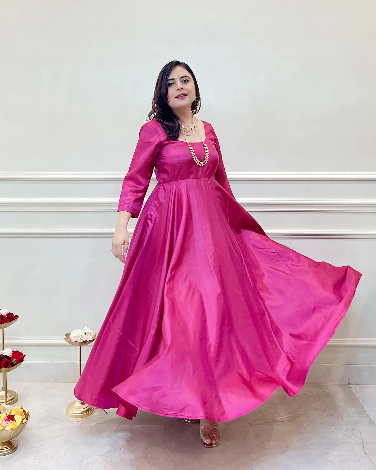 Fuchsia Silk Swirl-Worthy Long Dress