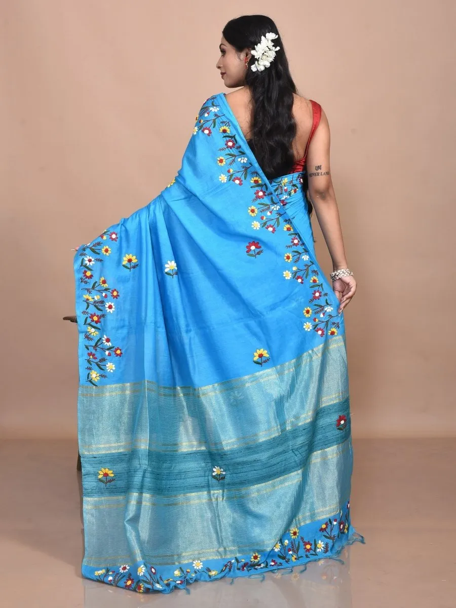 Turqoise Linen Saree with Floral Design Hand Embroidery