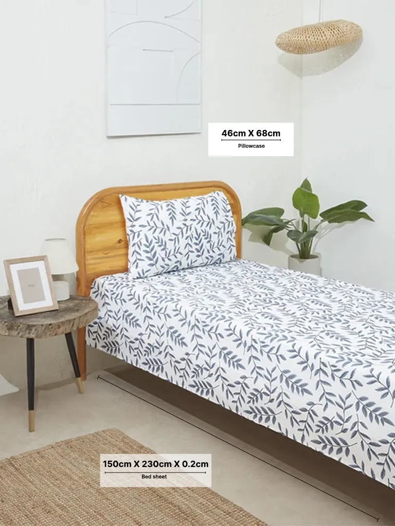 Westside Home Dusty Blue Leaf Design Single Bed Flat sheet and Pillowcase Set